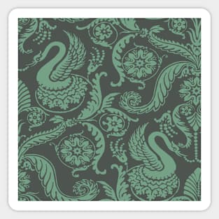 Mint Green on Sage Classy Medieval Damask Swans Sticker